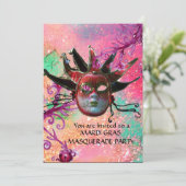 SCHWARZE ROTE JESTERMASKE ,Maskenfarben Party Rosa Einladung (Stehend Vorderseite)