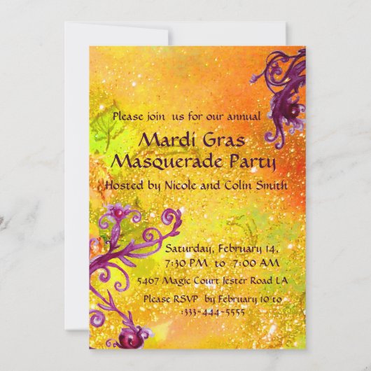 SCHWARZE ROTE JESTERMASKE ,Party-Masquerade-Gelb Einladung (Rückseite)