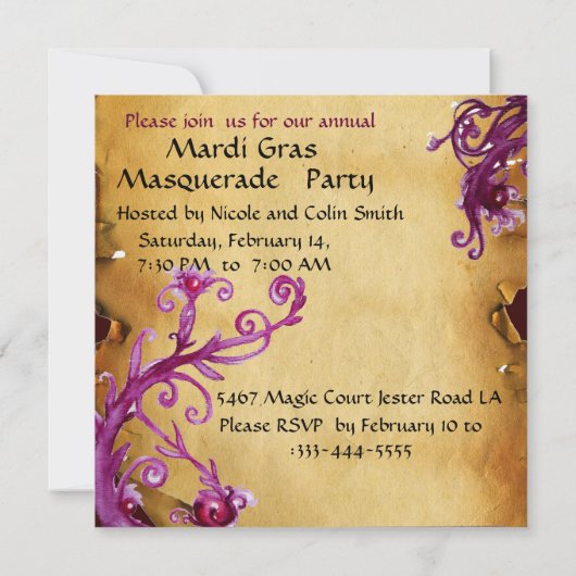 SCHWARZE ROTE JESTERMASKE ,Party mit Pergament-Mas Einladung (Rückseite)