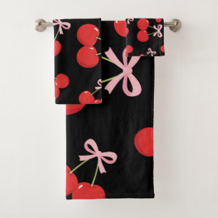 Schwarze rote Kirschen rosa Schleife Coquette Cott Badhandtuch Set