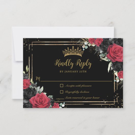 Schwarze Rote Rosen Blumengoldquinceñera Süße 16 RSVP Karte (Vorderseite)