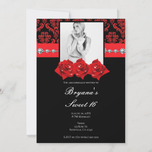 Schwarze rote Rosen Damast Sweet 16 Foto-Einladung Einladung