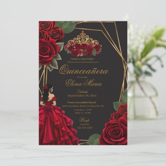 Schwarze Rote Rosen Goldene Prinzessin Quinceañera Einladung (Stehend Vorderseite)
