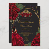 Schwarze Rote Rosen Goldene Prinzessin Quinceañera Einladung (Vorne/Hinten)