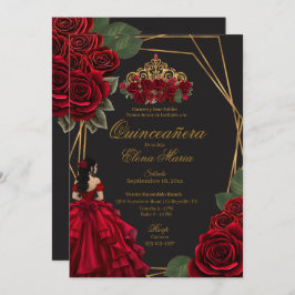 Schwarze Rote Rosen Goldene Prinzessin Quinceañera Einladung