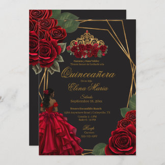 Schwarze Rote Rosen Goldene Prinzessin Quinceañera Einladung