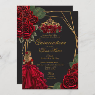 Schwarze Rote Rosen Goldene Prinzessin Quinceañera Einladung