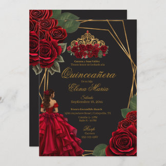 Schwarze Rote Rosen Goldene Prinzessin Quinceañera Einladung