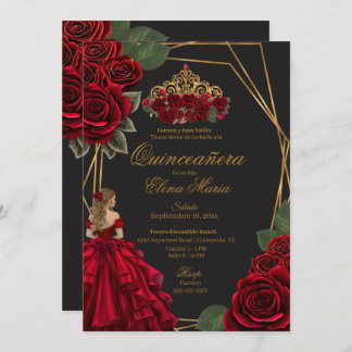 Schwarze Rote Rosen Goldene Prinzessin Quinceañera Einladung