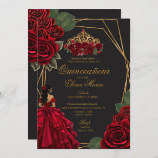 Schwarze Rote Rosen Goldene Prinzessin Quinceañera Einladung