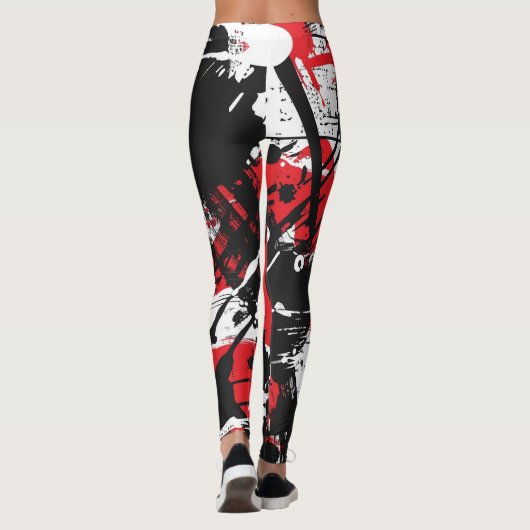 Schwarze, rote, weiße abstrakte Kunst Leggings (Rückseite)