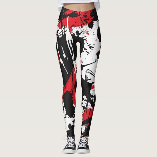 Schwarze, rote, weiße abstrakte Kunst Leggings (Vorderseite)
