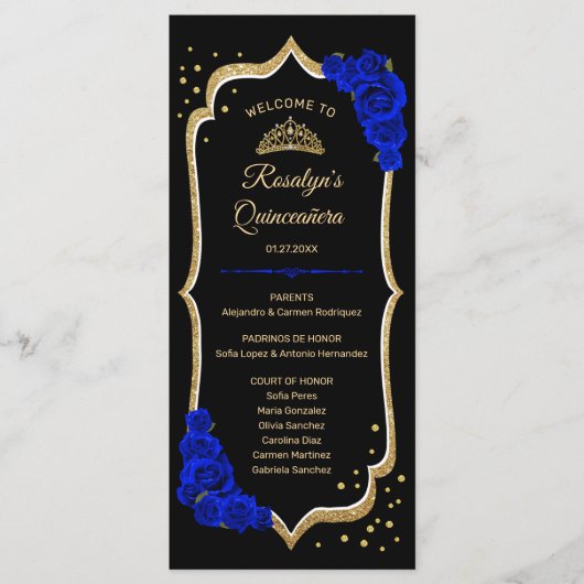 Schwarze Royal Blue Gold Quinceanera Programm (Vorderseite)