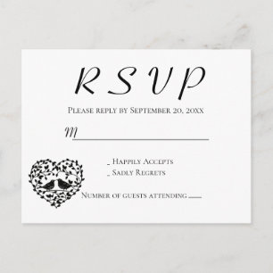 Schwarze RSVP Liebesvögel Hochzeitsblumen Herz Einladungspostkarte