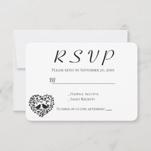 Schwarze RSVP Liebesvögel Hochzeitsblumen Herz Karte