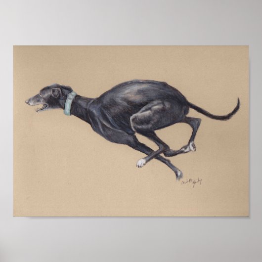 Schwarze Running Greyhound Hunde Kunst drucken Poster (Vorne)