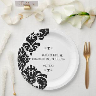 Schwarze Rustikale Luxus Vintage Damast Hochzeit Pappteller