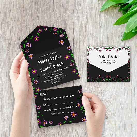 Schwarze Rustikale Rose Boho Floral Wedding All In One Einladung