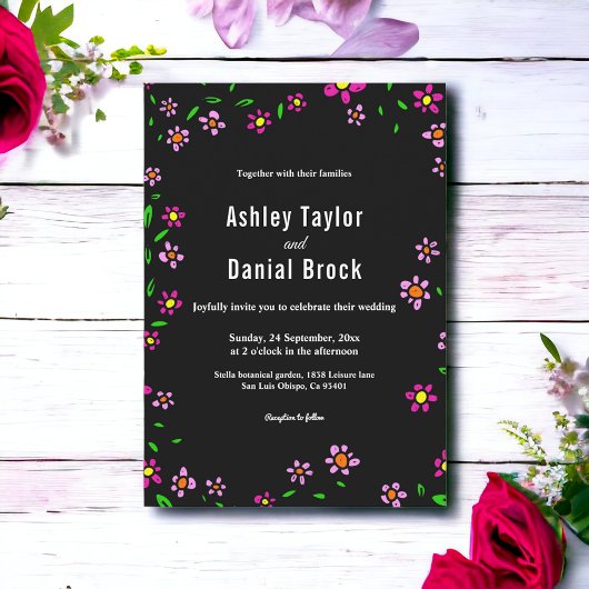Schwarze Rustikale Rose Boho Floral Wedding Einladung