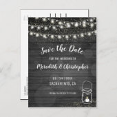 Schwarze rustikale String-Lichter Hochzeit speiche Ankündigungspostkarte (Vorne/Hinten)