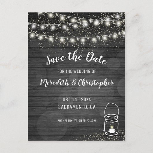 Schwarze rustikale String-Lichter Hochzeit speiche Ankündigungspostkarte (Vorderseite)