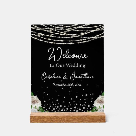 Schwarze Rustikale, weiße Rosen-String-Lichter Wil Acrylschild (Vorderseite)