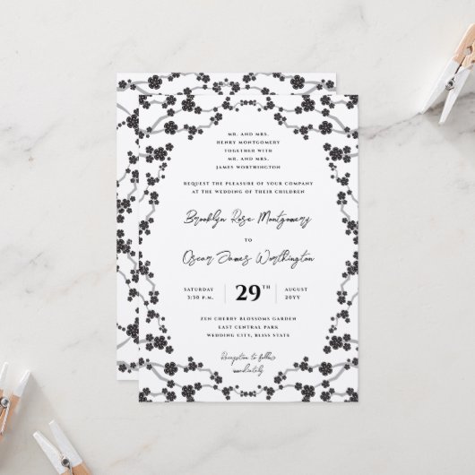 Schwarze Sakura Kirschblüten Stilvolle Asiatische  Einladung (Vorderseite/Rückseite Beispiel)