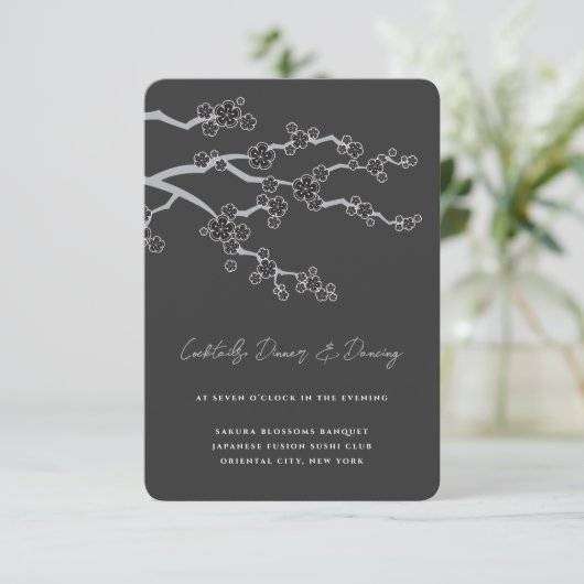 Schwarze Sakura Kirschblüten Zen Hochzeitsempfang Begleitkarte (Stehend Vorderseite)