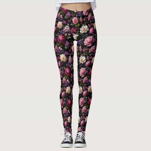 Schwarze Samt-Rose Leggings (Vorderseite)