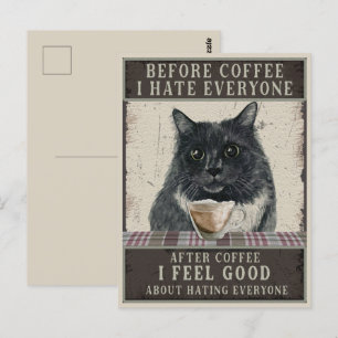 Schwarze sarkastische Katze und Kaffee Vintage Postkarte