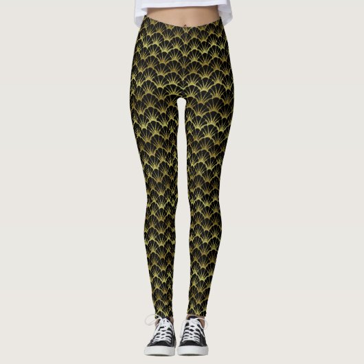 Schwarze Scallop Muschel Art Deco Retro Muster Leggings (Vorderseite)