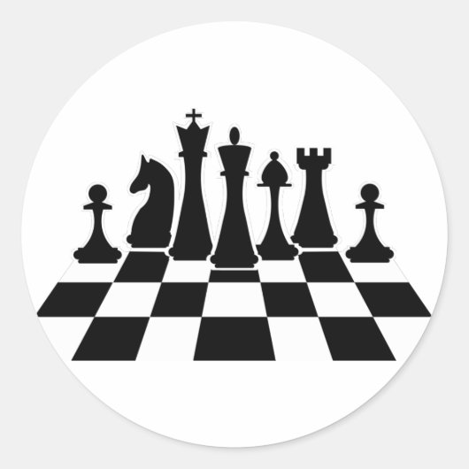 Schwarze Schachfiguren auf einem Schachbrett Runder Aufkleber (Vorderseite)