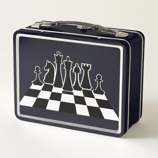 Schwarze Schachstücke auf dem Schachbrett Metall Brotdose (Rückseite)