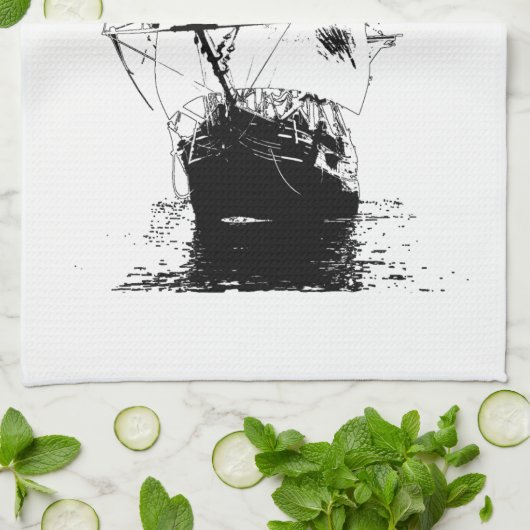 Schwarze Schiffs-Silhouette Geschirrtuch (Gefaltet)