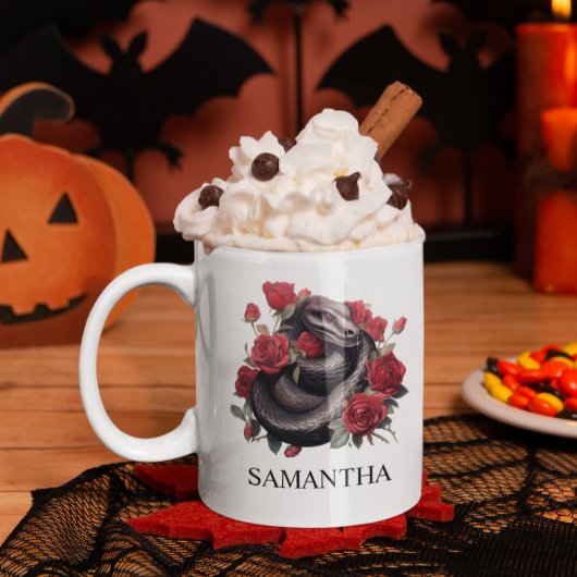 Schwarze Schlange in Rose Wasserfarbene Erde Kaffeetasse