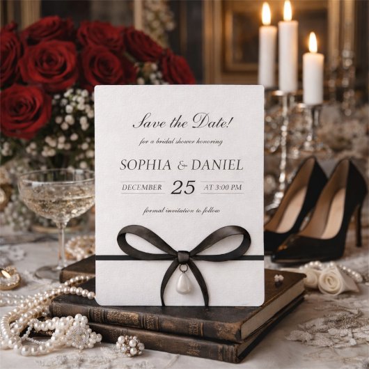 Schwarze Schleife mit Perle im Stil des alten Geld Save The Date
