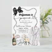Schwarze Schleifen-Pyjama-Prosecco-Junggesellinnen Einladung (Stehend Vorderseite)