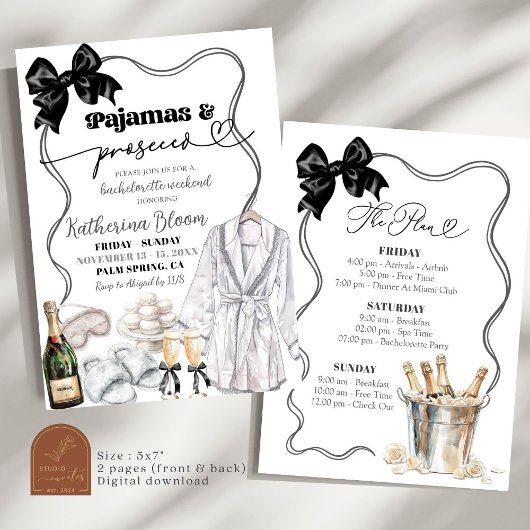 Schwarze Schleifen-Pyjama-Prosecco-Junggesellinnen Einladung