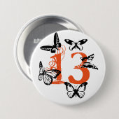 Schwarze Schmetterlinge auf Orange "13" Knopf Button (Vorne & Hinten)