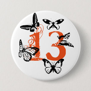 Schwarze Schmetterlinge auf Orange "13" Knopf Button