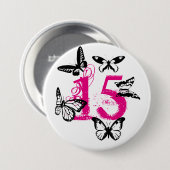 Schwarze Schmetterlinge auf Rosa "15" Knopf Button (Vorne & Hinten)