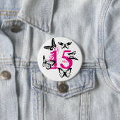 Schwarze Schmetterlinge auf Rosa "15" Knopf Button (Beispiel)