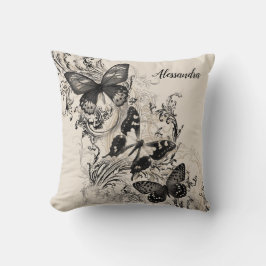 Schwarze Schmetterlinge auf Schnörkeln Natural Kissen