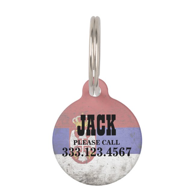 Schwarze Schmutz-Serbien-Flagge Haustiermarke (Vorderseite)