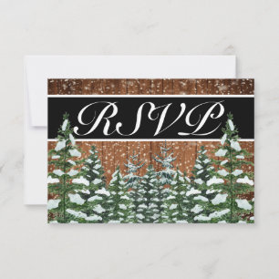 Schwarze schneebedeckte Holz- und Wald-Landhochzei RSVP Karte