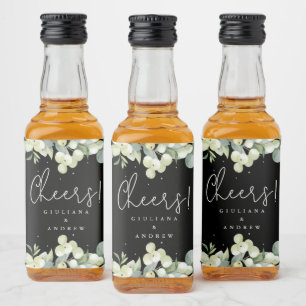 Schwarze Schneebeeren+Eukalyptus Winterhochzeits-M Alkoholflaschenetikett