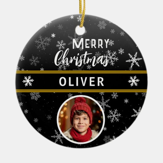 Schwarze Schneeflocken Individuelle Name Frohe Wei Keramik Ornament (Vorne)