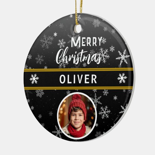 Schwarze Schneeflocken Individuelle Name Frohe Wei Keramik Ornament (Links)