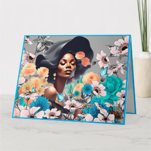 SCHWARZE SCHÖNHEIT FRAU GRAUTÖNE BLUMEN SCHMETTERL KARTE