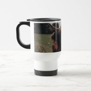 Schwarze schottische Hochlandkuh grast Vintage Ret Reisebecher